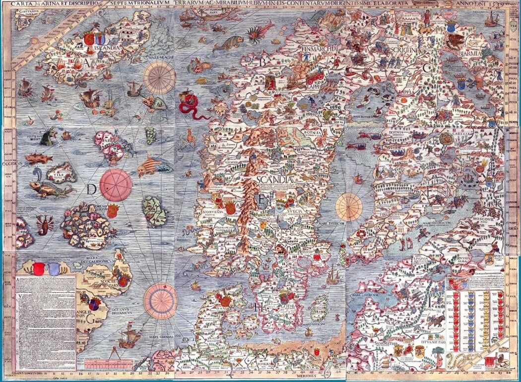 Carta Marina, tegnet av den svenske presten Olaus Magnus og trykt i Venezia i 1539. Nye satelittmålinger viser de samme røde virvlene utenfor Lofoten som de som ble tegnet i 1539. (Illustrasjon: Olaus Magnus) Carta Marina, tegnet av den svenske presten Olaus Magnus og trykt i Venezia i 1539. Nye satelittmålinger viser de samme røde virvlene utenfor Lofoten som de som ble tegnet i 1539. (Illustrasjon: Olaus Magnus)