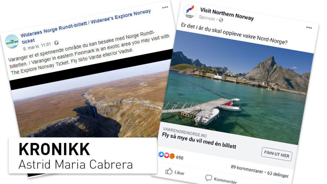 – Men hvordan kan regjeringen arbeide for at Norge skal bli en bærekraftig destinasjon og samtidig tillate nye direkte flyruter fra Asia og Amerika, eller aktører som reklamerer for at du kan fly så mye du vil i Nord- Norge i sommer på én billett, spør kronikkforfatteren. (Skjermbilder av Facebookposter fra Widerøe og Visit Northern Norway) – Men hvordan kan regjeringen arbeide for at Norge skal bli en bærekraftig destinasjon og samtidig tillate nye direkte flyruter fra Asia og Amerika, eller aktører som reklamerer for at du kan fly så mye du vil i Nord- Norge i sommer på én billett, spør kronikkforfatteren. (Skjermbilder av Facebookposter fra Widerøe og Visit Northern Norway)