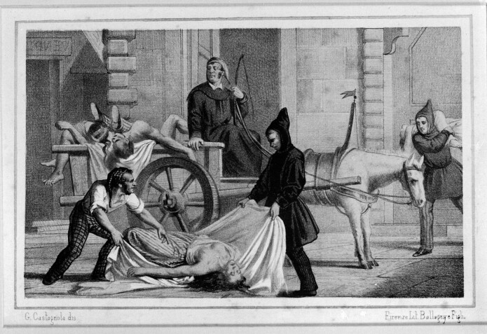 Denne litografien viser fjerningen av lik under koleraepidiemen i Palermo i Italia i 1835. (Illustrasjon: Gabriele Castagnola / Wellcome Images / CC BY 4.0) Denne litografien viser fjerningen av lik under koleraepidiemen i Palermo i Italia i 1835. (Illustrasjon: Gabriele Castagnola / Wellcome Images / CC BY 4.0)