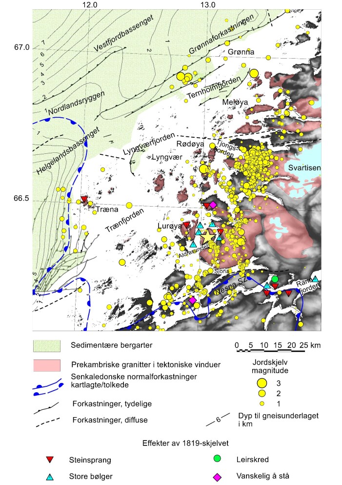 Jordskjelv på Helgelandskysten i periodene 1997-1998 og 2013- 2017 (fra forskningsprosjektene NEONOR1 og NEONOR2). En sverm med ca. 500 skjelv ble registrert i 2015 rundt Blokktinden vest for Svartisen. Til sammen 30-40 ble utløst i disse to periodene langs de østlige begrensningene av Vestfjordbassenget (Grønnaforkastningen) og Helgelandsbassenget og antyder at forkastninger i disse områdene er aktive. Observerte effekter av jordskjelvet i Lurøy- Ranafjordområdet i 1819 er også vist (fra Bungum & Selnes 1988). Den gule stjernen viser omtrentlig plasseringen av dette skjelvet. Jordskjelv på Helgelandskysten i periodene 1997-1998 og 2013- 2017 (fra forskningsprosjektene NEONOR1 og NEONOR2). En sverm med ca. 500 skjelv ble registrert i 2015 rundt Blokktinden vest for Svartisen. Til sammen 30-40 ble utløst i disse to periodene langs de østlige begrensningene av Vestfjordbassenget (Grønnaforkastningen) og Helgelandsbassenget og antyder at forkastninger i disse områdene er aktive. Observerte effekter av jordskjelvet i Lurøy- Ranafjordområdet i 1819 er også vist (fra Bungum & Selnes 1988). Den gule stjernen viser omtrentlig plasseringen av dette skjelvet.