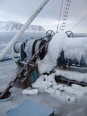 Ising på forskningsskipet «Lance». Mye ising av denne typen kan få skip til å synke. (Foto: Eli Anne Ersdal) Ising på forskningsskipet «Lance». Mye ising av denne typen kan få skip til å synke. (Foto: Eli Anne Ersdal)