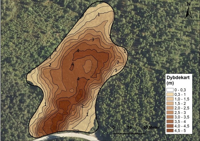 Profilkart over Storamyri, Kaupanger, Sogn basert på djupnemålingar med georadar. (Illustrasjon: Høgskulen på Vestlandet) Profilkart over Storamyri, Kaupanger, Sogn basert på djupnemålingar med georadar. (Illustrasjon: Høgskulen på Vestlandet)