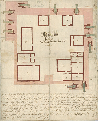 <i>Wardehuus Festning Som dend befandtis Anno. 1711.</i> (Tegnet av Isaac Olsen, kilde: Riksantikvarens tegningsarkiv) <i>Wardehuus Festning Som dend befandtis Anno. 1711.</i> (Tegnet av Isaac Olsen, kilde: Riksantikvarens tegningsarkiv)