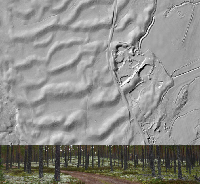 Skyggerelieff fra laserdata av tilgrodde sanddyner ved Starmoen naturreservat i Elverum. Dette har vært kjent som en klassisk lokalitet for vindavsatte dyner. De nye studiene viser at disse også er avsatt fra ekstremflommen. Skyggerelieff fra laserdata av tilgrodde sanddyner ved Starmoen naturreservat i Elverum. Dette har vært kjent som en klassisk lokalitet for vindavsatte dyner. De nye studiene viser at disse også er avsatt fra ekstremflommen.