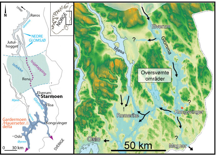 Til venstre: Oversiktskart over Østerdalen med plassering av Nedre Glomsjø, som ble tappet på slutten av siste istid. Oversvømte områder er markert i blått. Plasseringen av Starmoen naturreservat ved Elverum og den mektige grusavsetningen ved Gardermoen nord for Oslo er også vist. Til høyre: Terrengmodell med oversvømte områder fra bresjøtapningen (lys blå). De svarte piler viser omtrentlige strømretninger. Studieområdet er markert med rød stjerne. Merk pilene sør for Mjøsa som viser at det også her er sanddyner som ser ut til å være avsatt av ekstremflommer fra nord i retning mot Romerike. Disse dynene ligger høyt i terrenget og kan være fra en tidligere bresjøtapning. Disse tolkningene åpner for muligheten at hele eller deler av selveste Gardermoen-avsetningen også er et resultat av bresjøtapning(er) på et tidligere tidspunkt under isavsmeltingen. Til venstre: Oversiktskart over Østerdalen med plassering av Nedre Glomsjø, som ble tappet på slutten av siste istid. Oversvømte områder er markert i blått. Plasseringen av Starmoen naturreservat ved Elverum og den mektige grusavsetningen ved Gardermoen nord for Oslo er også vist. Til høyre: Terrengmodell med oversvømte områder fra bresjøtapningen (lys blå). De svarte piler viser omtrentlige strømretninger. Studieområdet er markert med rød stjerne. Merk pilene sør for Mjøsa som viser at det også her er sanddyner som ser ut til å være avsatt av ekstremflommer fra nord i retning mot Romerike. Disse dynene ligger høyt i terrenget og kan være fra en tidligere bresjøtapning. Disse tolkningene åpner for muligheten at hele eller deler av selveste Gardermoen-avsetningen også er et resultat av bresjøtapning(er) på et tidligere tidspunkt under isavsmeltingen.