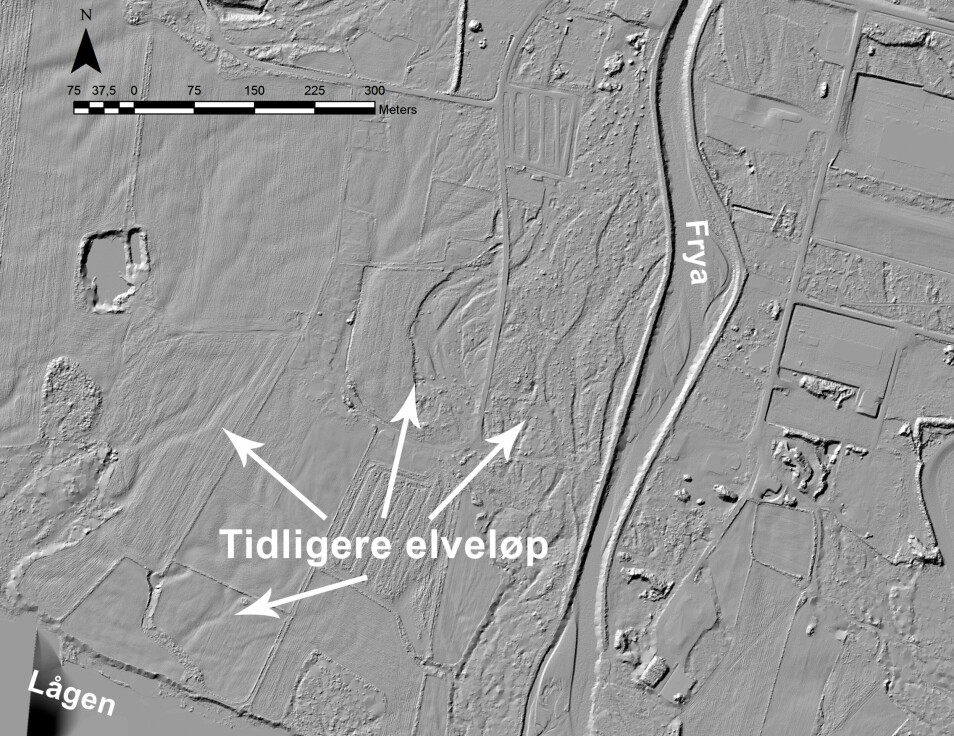 Utsnitt av lyssatt terrengmodell fra elvevifta som utgjør utløpet av elva Frya ned i Gudbrandsdalslågen.