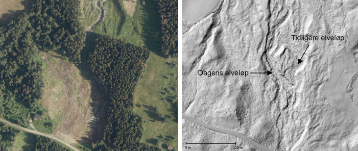 Flyfoto og lyssatt høyoppløselig terrengmodell fra elva Djupa i Gausdalen. I bildet til høyre ser man elveformer, som er et bevis på stor massetransport. Flyfoto og lyssatt høyoppløselig terrengmodell fra elva Djupa i Gausdalen. I bildet til høyre ser man elveformer, som er et bevis på stor massetransport.