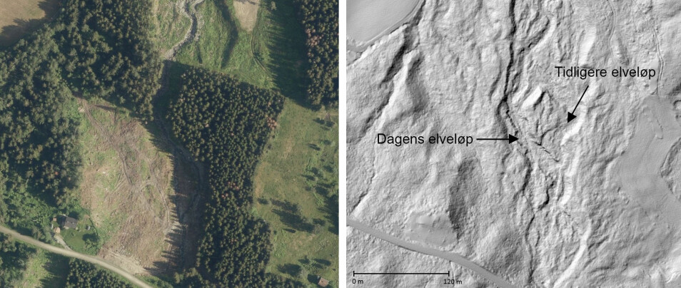 Flyfoto og lyssatt høyoppløselig terrengmodell fra elva Djupa i Gausdalen. I bildet til høyre ser man elveformer, som er et bevis på stor massetransport.