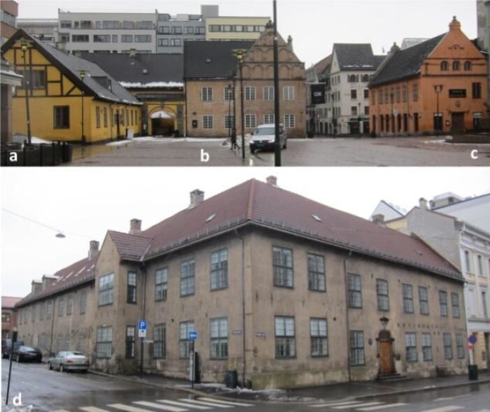 Bygninger fra 1600-tallets Oslo. Øverst sees Christiania torg, “Stortorget” i
Oslo etter 1624, a: Det eldste bindingsverkshuset i Oslo, fra 1640-årene, b:
Det eldste huset i Oslo, fra 1626, bygget av rådmannen, c: Det første
rådhuset bygget i 1641, og d: Kristiania oppfostringshus (1778-1917) bygget i
1640. Fasadematerialer: Vegger med malt kalkpuss (a,c), murstein (b) and
grov umalt sandholdig puss (d); piper med umalt puss og murstein (d); beiset
treverk i veggstolpene (a) og malte vindus- og dørkarmer i tre; glaserte og
ubehandlede (d) takstein; galvaniserte og malte metallelementer. Bygninger fra 1600-tallets Oslo. Øverst sees Christiania torg, “Stortorget” i
Oslo etter 1624, a: Det eldste bindingsverkshuset i Oslo, fra 1640-årene, b:
Det eldste huset i Oslo, fra 1626, bygget av rådmannen, c: Det første
rådhuset bygget i 1641, og d: Kristiania oppfostringshus (1778-1917) bygget i
1640. Fasadematerialer: Vegger med malt kalkpuss (a,c), murstein (b) and
grov umalt sandholdig puss (d); piper med umalt puss og murstein (d); beiset
treverk i veggstolpene (a) og malte vindus- og dørkarmer i tre; glaserte og
ubehandlede (d) takstein; galvaniserte og malte metallelementer.