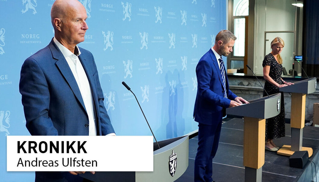 Helsedirektør Bjørn Guldvog, helse- og omsorgsminister Bent Høie (H) og avdelingsdirektør i Folkehelseinstituttet Line Vold under regjerings pressekonferanse om koronasituasjonen i Oslo i juli. Helsedirektør Bjørn Guldvog, helse- og omsorgsminister Bent Høie (H) og avdelingsdirektør i Folkehelseinstituttet Line Vold under regjerings pressekonferanse om koronasituasjonen i Oslo i juli.