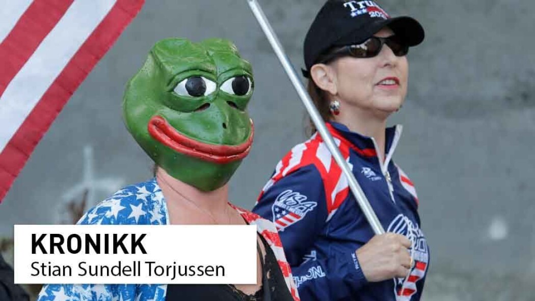 Blant de mest kjente motivene i 4chan-memer er tegneseriefrosken Pepe. Her ser du en kvinne med Pepe-maske under en demonstrasjon mot korona-tiltak i den amerikanske hovedstaden tidligere i år. Blant de mest kjente motivene i 4chan-memer er tegneseriefrosken Pepe. Her ser du en kvinne med Pepe-maske under en demonstrasjon mot korona-tiltak i den amerikanske hovedstaden tidligere i år.