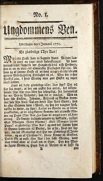 Slik ser første utgave av <span class=""><span class=" italic" data-lab-italic_desktop="italic">Ungdomens Ven</span> ut. Bladet er fra </span>1770. Slik ser første utgave av <span class=""><span class=" italic" data-lab-italic_desktop="italic">Ungdomens Ven</span> ut. Bladet er fra </span>1770.