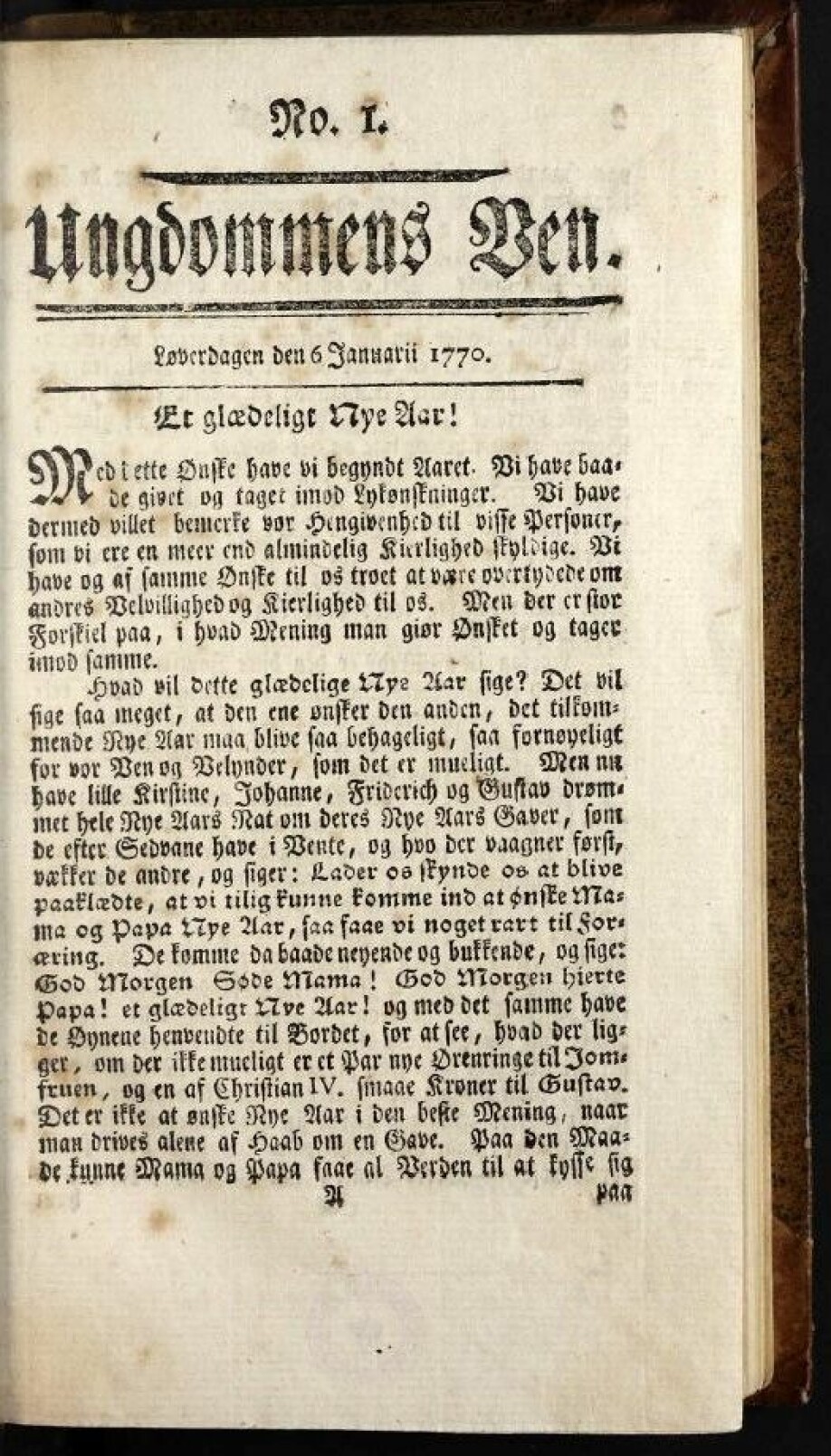 Slik ser første utgave av Ungdomens Ven ut. Bladet er fra 1770.
