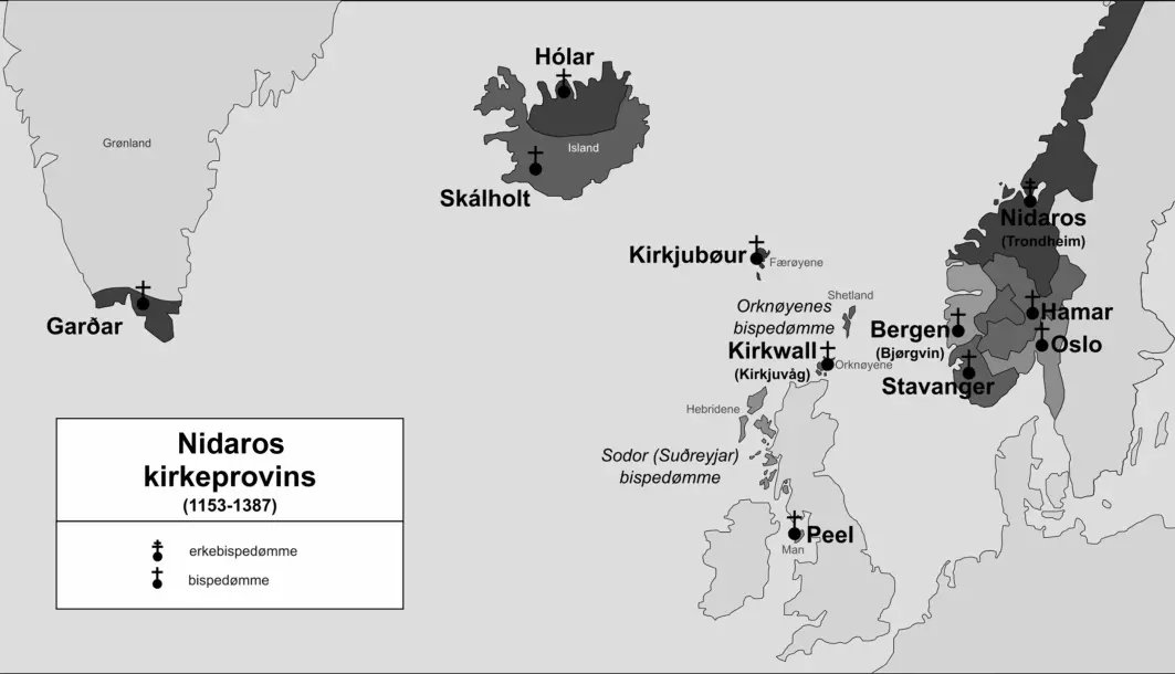 Området for Hamar bispedømme, Upplǫnd, var det sist kristnede norrøne området i Norge. Nidaros kirkeprovins ca. 1153