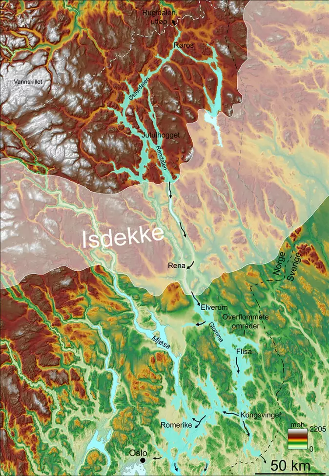 Fig. 1. Oversiktskart over bredemte Nedre Glomsjø, gjenværende del av innlandsisen og områder som ble druknet under flomhendelsen. Dreneringsmønsteret under flommen er indikert med piler.