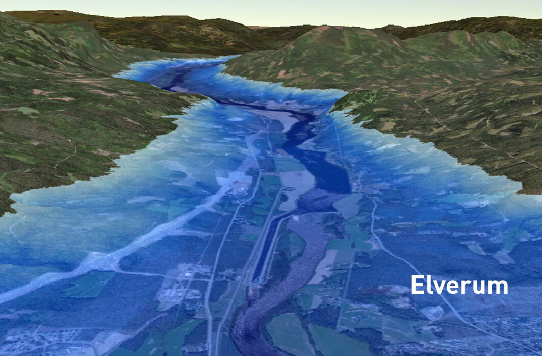 Flommen fra Nedre Glomsjø var mer enn fem ganger større enn Amazonas målt i vannmasser, og langt mer enn tusen ganger større enn dagens Glomma. Illustrasjonen viser hvordan flomvannet strømmet gjennom Elverum-området. Flommen fra Nedre Glomsjø var mer enn fem ganger større enn Amazonas målt i vannmasser, og langt mer enn tusen ganger større enn dagens Glomma. Illustrasjonen viser hvordan flomvannet strømmet gjennom Elverum-området.
