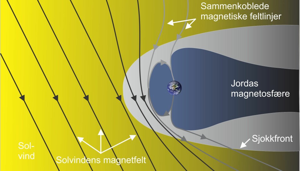 Jordas magnetosfære med sammenkoplingen på dagsiden mellom magnetfeltet i solvinden og jordas magnetfelt. Solen er til venstre i bildet. Figuren viser fire forskjellige sammenkoblede magnetfeltlinjer (i grått). To over den nordlige- og to over den sørlige halvkule. Figuren viser også sjokkfronten som oppstår på grunn av trykket fra solvinden på jordas magnetosfære. Grafikk: Dag A. Lorentzen/UNIS.