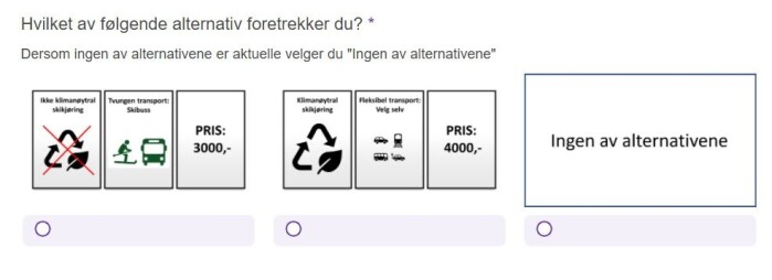 Ett eksempel på et slik «valgsett» som respondentene ble presentert for i undersøkelsen. Ett eksempel på et slik «valgsett» som respondentene ble presentert for i undersøkelsen.