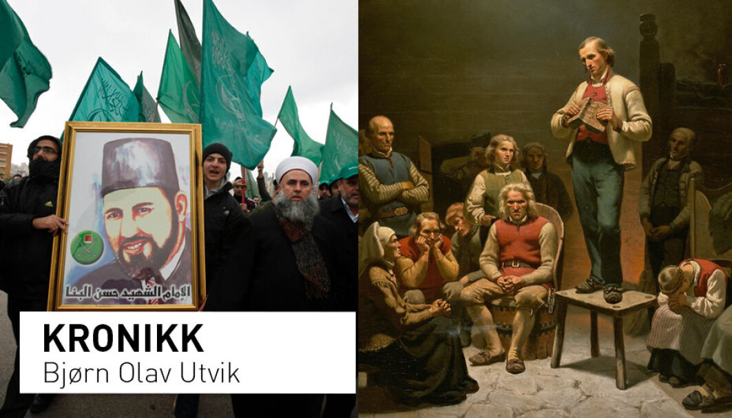 Går vi bak overskriftenes stereotypier finner vi mange fellestrekk mellom islamister i Midtøsten og kristne vekkelsesbevegelser i Europa, skriver professor Bjørn Olav Utvik. T.v.: islamistiske demonstranter holder opp et bilde av Hasan-al-Banna, Det muslimse brorskaps grunnlegger. T.h.: Adolph Tiedemands maleri av et vekkelsesmøte med haugianere, tilhengere Hans Nielsen Hauges kristne lekmannsbevegelse. Går vi bak overskriftenes stereotypier finner vi mange fellestrekk mellom islamister i Midtøsten og kristne vekkelsesbevegelser i Europa, skriver professor Bjørn Olav Utvik. T.v.: islamistiske demonstranter holder opp et bilde av Hasan-al-Banna, Det muslimse brorskaps grunnlegger. T.h.: Adolph Tiedemands maleri av et vekkelsesmøte med haugianere, tilhengere Hans Nielsen Hauges kristne lekmannsbevegelse.