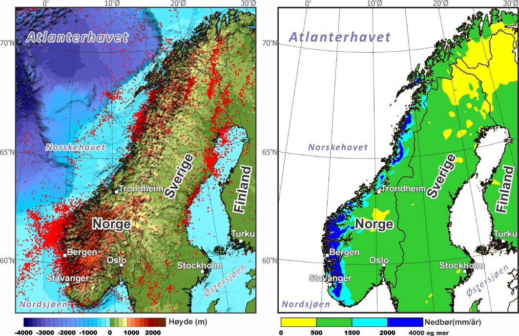 Illustrasjonen viser seismisk aktivitet i jordskorpa og nedbørsnivåer. Det er et sammenfall mellom høy aktivitet langs vestlandskysten og Helgelandskysten. Illustrasjonen viser seismisk aktivitet i jordskorpa og nedbørsnivåer. Det er et sammenfall mellom høy aktivitet langs vestlandskysten og Helgelandskysten.