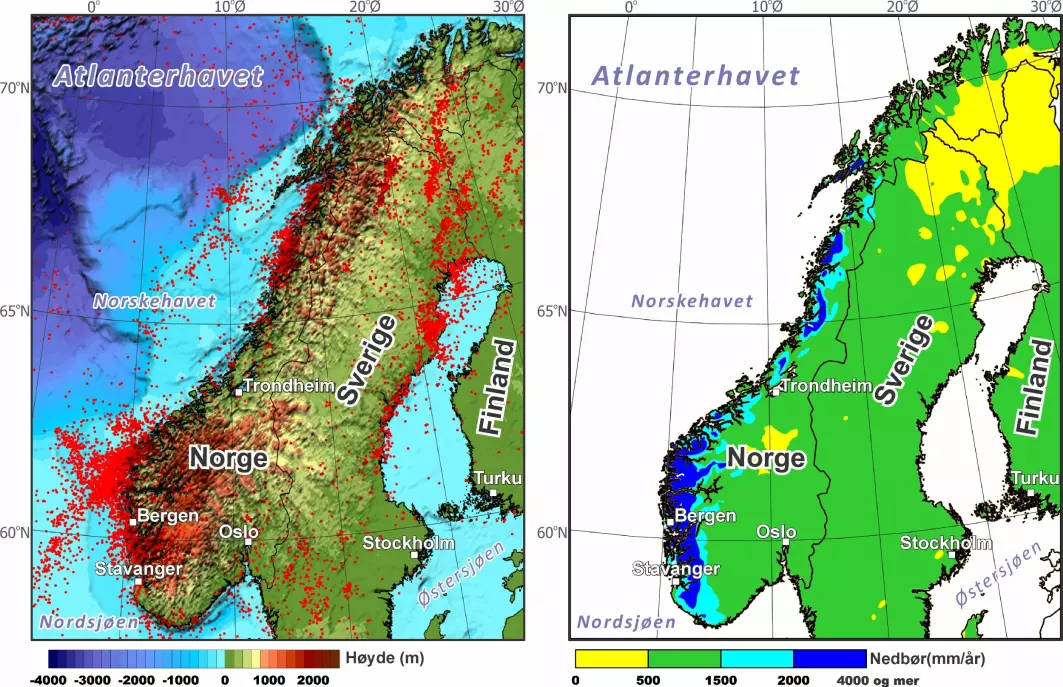 Illustrasjonen viser seismisk aktivitet i jordskorpa og nedbørsnivåer. Det er et sammenfall mellom høy aktivitet langs vestlandskysten og Helgelandskysten.