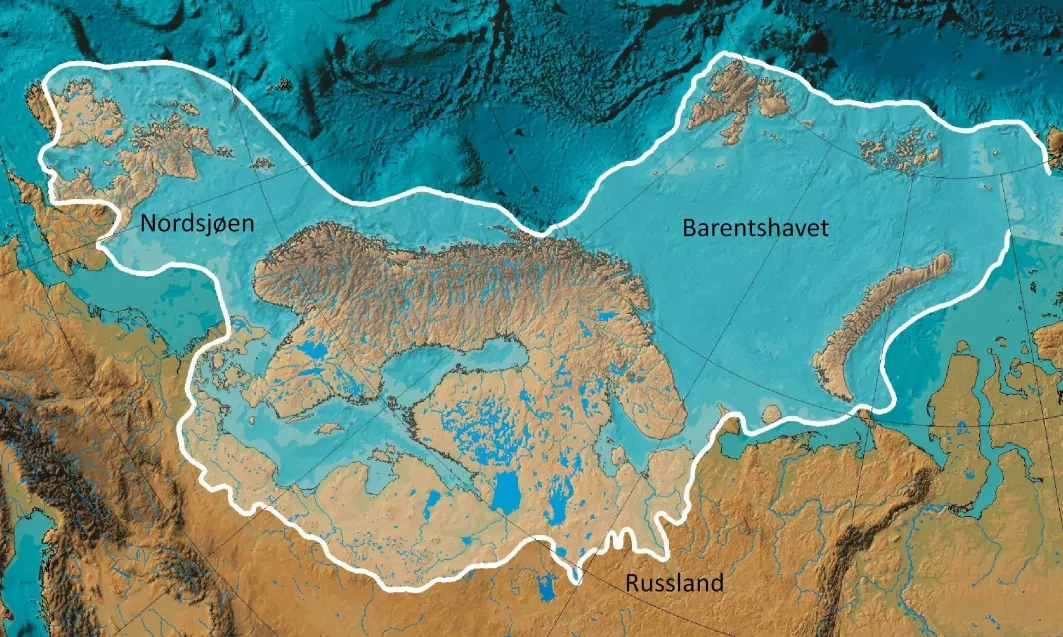 Kart som viser utbredelsen av isbrekappen over Nord-Europa for ca. 20 000 år siden. Breen over Skandinavia hadde vokst sammen med breen over Barentshavet-Svalbard og breen over Storbritannia. Den globale middel-temperatur var den gangen bare ca. 6 °C kaldere enn i dag.