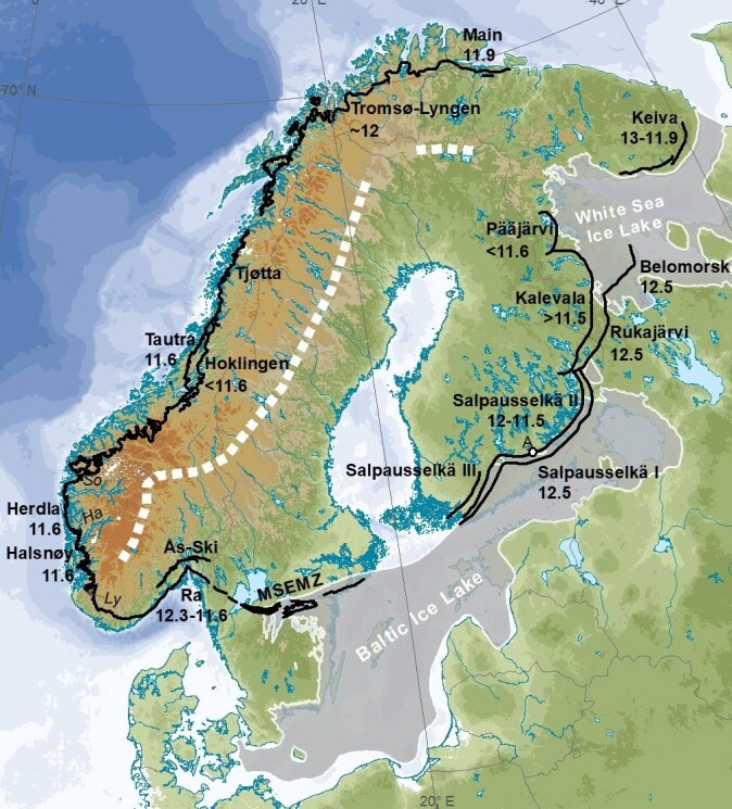 Kart som viser morenene som ble dannet rundt isbredekket under Yngre Dryas. Her er også vist navnet på morenene og aldrene er gitt i tusen år (11.6 = 11 600 år). MSEMZ i Sverige betyr Den mellomsvenske endemorene-sonen. Dette er den eneste morenen som kan følges rundt hele isbredekket og det viser at Yngre Dryas var noe spesielt. Kart som viser morenene som ble dannet rundt isbredekket under Yngre Dryas. Her er også vist navnet på morenene og aldrene er gitt i tusen år (11.6 = 11 600 år). MSEMZ i Sverige betyr Den mellomsvenske endemorene-sonen. Dette er den eneste morenen som kan følges rundt hele isbredekket og det viser at Yngre Dryas var noe spesielt.