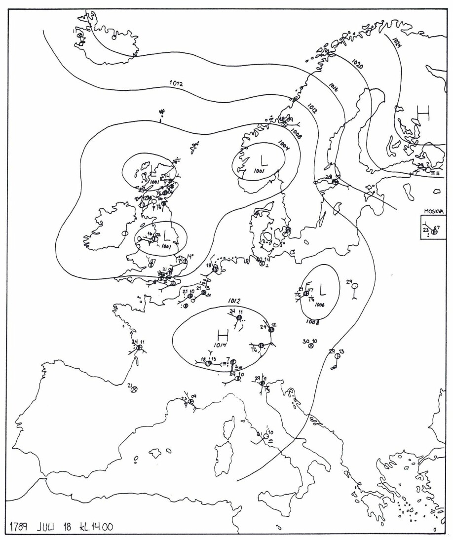 Værsituasjonen i Europa 18. juli 1789.