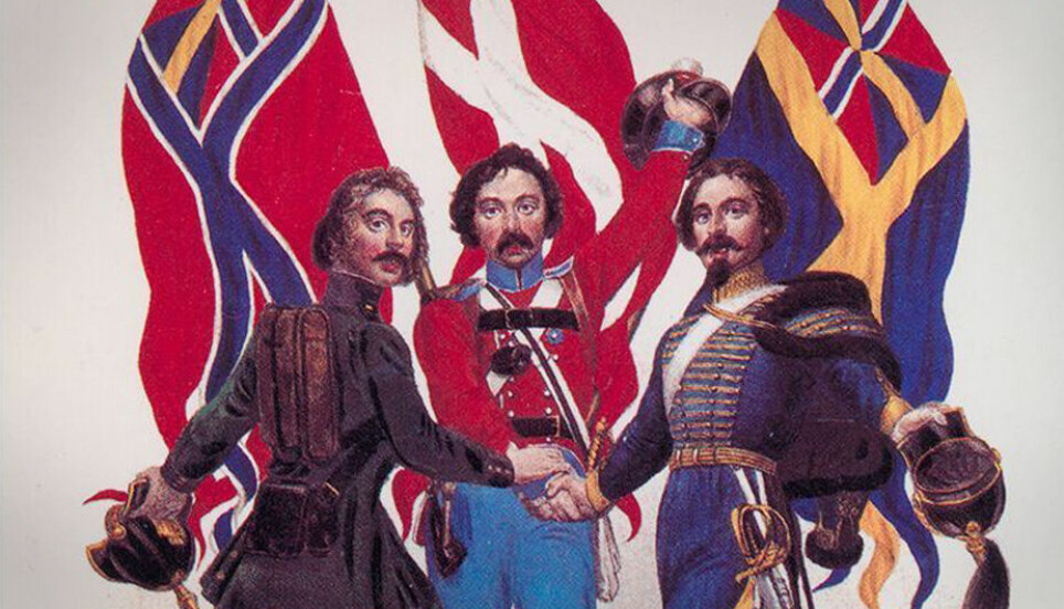 Både Bismarck og skandinaviske politikere jobbet for å forene Danmark, Sverige og Norge til ett land på 1800-tallet. En ny bok kaster lys over de hemmelige planene. Her ser vi skandinavisme-motivet fra en propagandaplakat fra 1848.