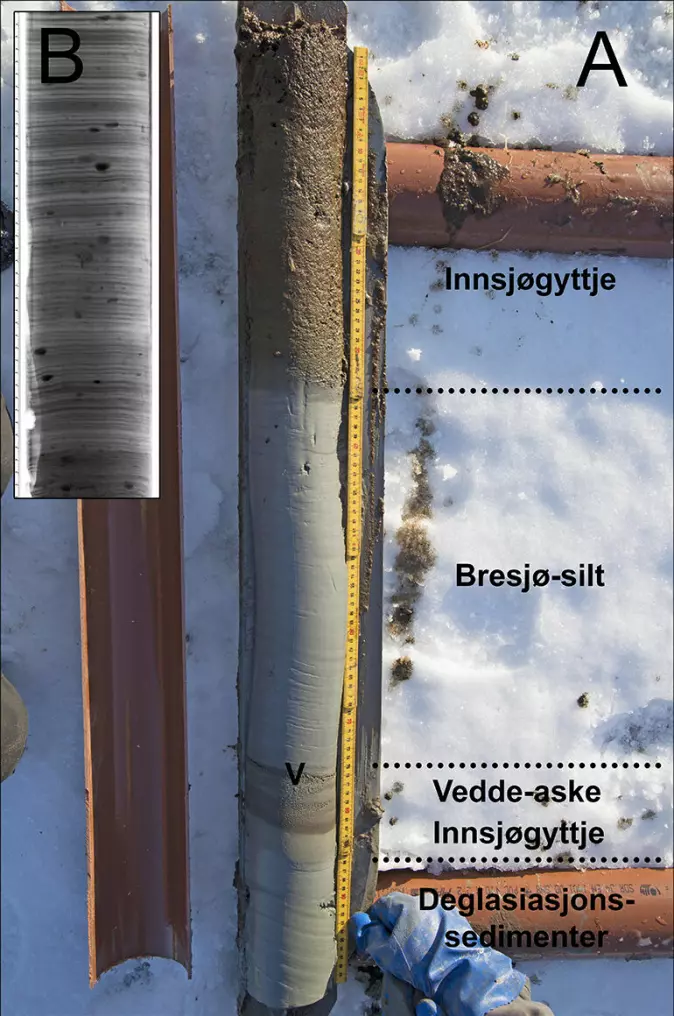 Figur 3. Bilde av kjerne (A) som viser Vedde-asken og et organisk-rikt lag under bresjø-silt knyttet til en bredemt sjø under Tautra-trinnet. B er et røntgenbilde av en kjerne fra et annet basseng som viser en rekke droppstein (svarte prikker) i laminert bresjø-silt.