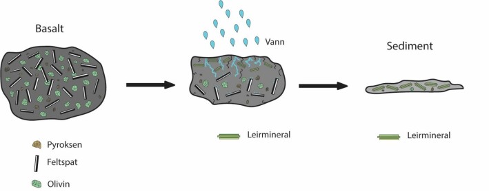 Illustrasjon 2: Forenklet skisse av hvordan forvitring foregår, med basalt som eksempel. Vann trenger inn i sprekker i bergarten, og kjemiske reaksjoner mellom mineralene fører til dannelse av leirmineraler. Bergarten brytes ned og vi får dannet et sediment – som er klar for videre transport. Illustrasjon 2: Forenklet skisse av hvordan forvitring foregår, med basalt som eksempel. Vann trenger inn i sprekker i bergarten, og kjemiske reaksjoner mellom mineralene fører til dannelse av leirmineraler. Bergarten brytes ned og vi får dannet et sediment – som er klar for videre transport.