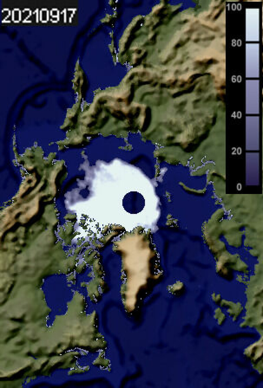Figur 2. Den minste utbredelsen av isen rundt Nordpolen på sommerstid, målt i september 2021.