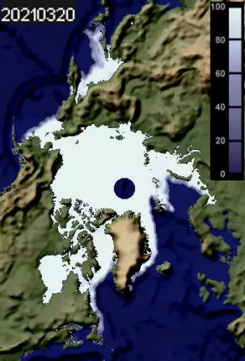 Figur 1. Den maksimale utbredelsen av isen rundt Nordpolen på vinterstid, målt i mars 2021.