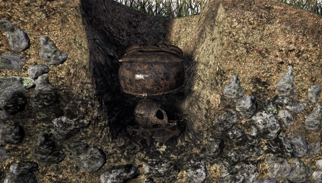 Jernkjelen som lå over og dekket det meste av gjenstandene i funnet, ser ut til å ha vært satt ned under selve brannflaket. Dette er en gravskikk som er uvanlig på Østlandet i vikingtiden. Jernkjelen som lå over og dekket det meste av gjenstandene i funnet, ser ut til å ha vært satt ned under selve brannflaket. Dette er en gravskikk som er uvanlig på Østlandet i vikingtiden.