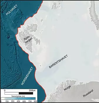 Figur 2: Kart over Svalbard og Barentshavet som viser maksimal utstrekningen (rød kant) av isdekket da det var på det største under siste istid.