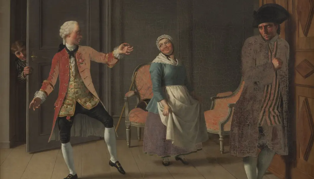 Motiv fra Ludvig Holbergs Jean de France, I akt, 6. scene. Motiv fra Ludvig Holbergs Jean de France, I akt, 6. scene.