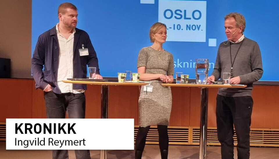 Fra venstre: Tore Wig (UiO), Ingvild Reymert (OsloMet) og Thomas Evensen (Forskningsrådet) diskuterte hvordan forskere kan motiveres til å formidle, under Forskningskommunikasjonsdagene 9.november.