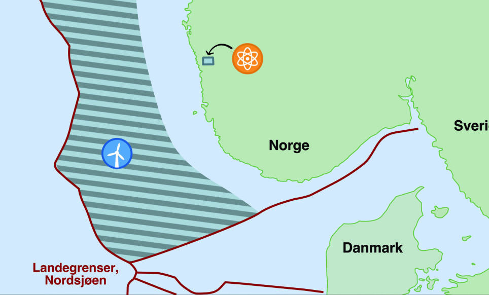 Indikasjon av areal som trengs for å erstatte norsk gasseksport ved hjelp av hydrogenproduksjon med enten havvind i Nordsjøen eller kjernekraft på fastlandet.