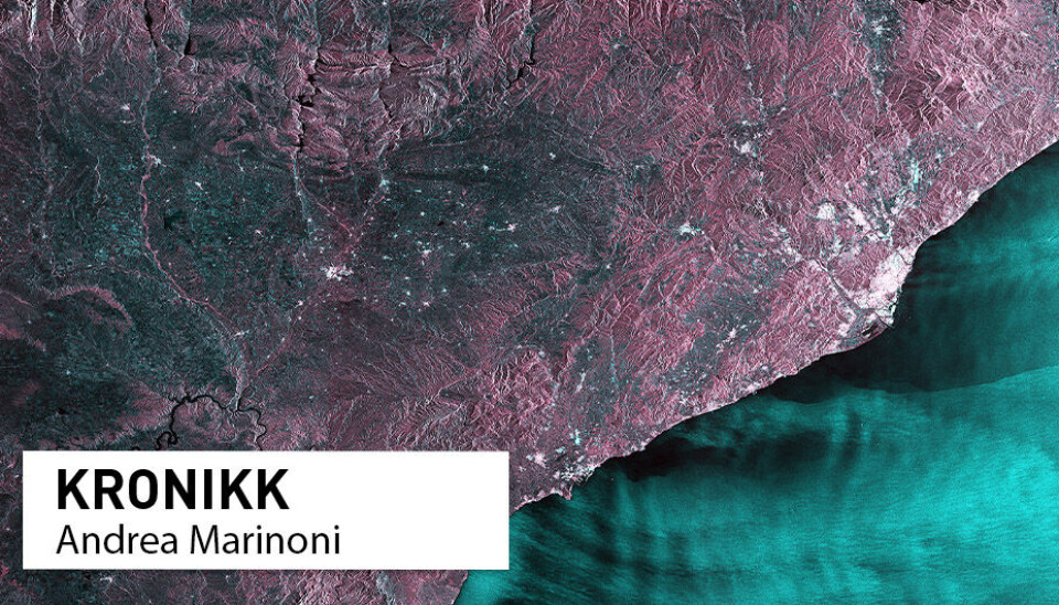 Bilete av kyst i Catalonia, teken med radarbilete frå satellitten Sentinel-1. Dei blågrøne områda er kultivert landskap, med kveite, frukt og grønsaker. Barcelona nede til høgre og byen Lleida i midten.