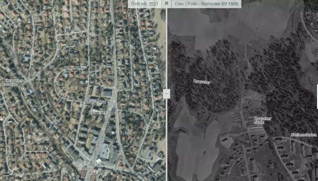 Gamle og nye flyfoto fra Hovseter i Oslo (1956 - 2021) viser hvor naturen har tapt terreng