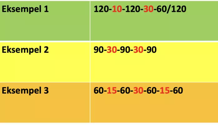 Tabell: Tre eksempler på typiske organiseringsformer. Pausene markert i rødt.