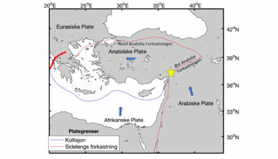 Kart over de viktigste plater og forkastninger i det rammede området. Episenteret for jordskjelvet 6. februar er markert med en gul stjerne. De blå pilene viser bevegelsen til platene i forhold til den Eurasiske platen.