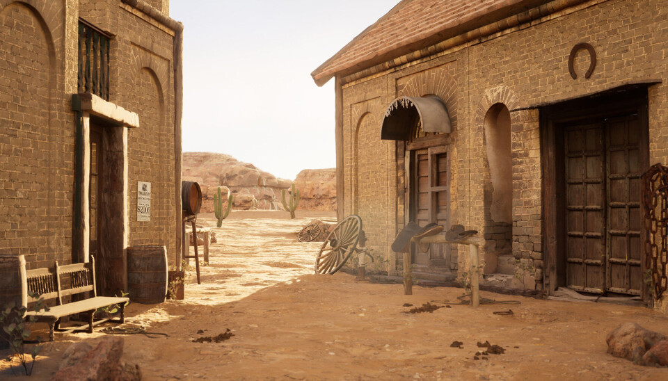 3D-omgivelse som er satt sammen i spillmotoren Unreal Engine med objekter, materialer og planter fra arkivet Quixel Bridge for deretter å bli lyssatt på realistisk vis.
