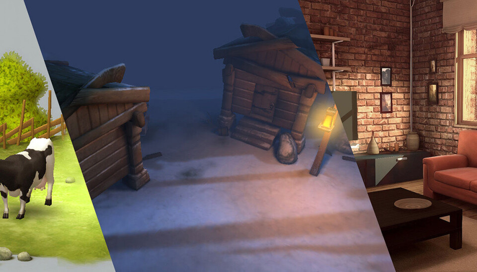 Her er eksempel på 3D-omgivelser i tre forskjellige stilretninger. Fra venstre er en cartoony scene fra Tine Melk AR, i midten en stilisert scene fra SKAR (Blink Studios) og til høyre en mer realistisk scene fra Dreamfall Chapters (Red Thread Games). Hvert prosjekt krevde en egen fremgangsmåte for produksjon av 3D-modeller, detaljgrad og lyssetting.