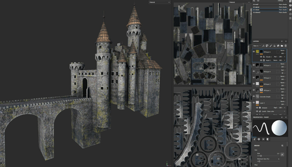 Et skjermbilde fra dataprogrammet Substance Painter, hvor vi til venstre ser slottet med steintekstur og mose, og til høyre overflatene slik de ser ut når de er brettet ut (kalt UV-layout).
