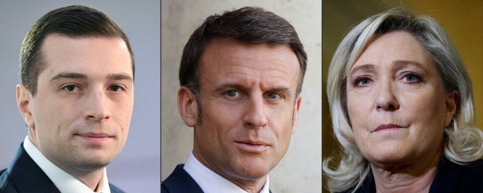 Fra venstre: Jordan Bardella (leder i Nasjonal Samling), President Emmanuel Macron (La République En Marche!), Marine Le Pen (tidligere leder i Nasjonal samling)