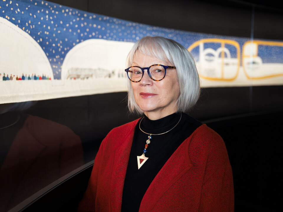 Kunstner Britta Marakatt-Labba fotografert foran sitt kjente tekstilverk, Historjá. Verket er utstilt på Nasjonalmuseet til og med 25. august.