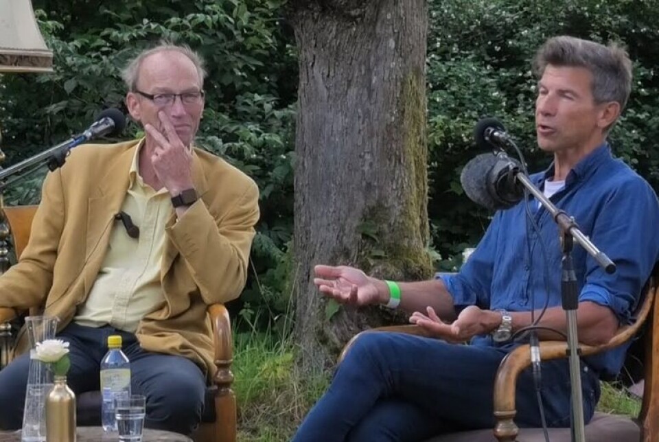 Thomas Hylland Eriksen og Dag O. Hessen i samtale på Løkken litteraturfestival i Tønsberg, 2020.