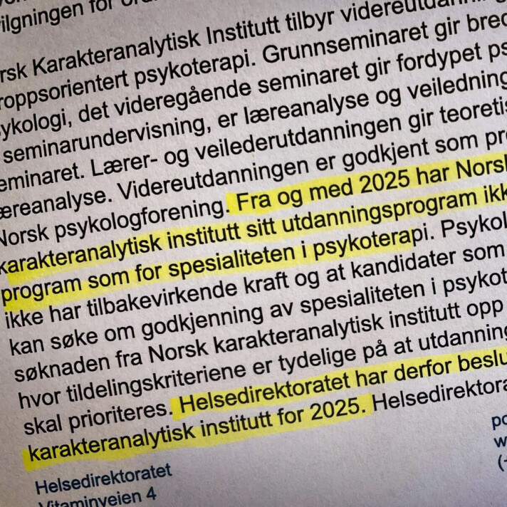 I 2025 mistet Norsk Karakteranalytisk Institutt sin godkjenning til å utdanne psykologspesialister. De feilene som kan være gjort ikke frem i lyset, men hele analyseretningen bør ikke stilles i vanry, mener innsenderen.