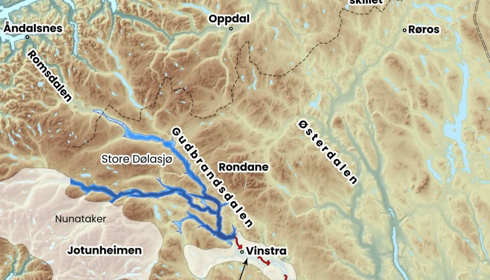 Innlandsisens rest i Jotunheimen og Gudbrandsdalen for 10 000 år siden, da jøkullaupet fra Store Dølasjø inntraff.